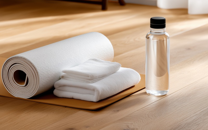 towels and water bottle on ground